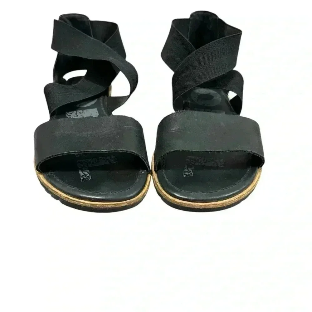 Sorel Womens Ella Sandals Gore Strap Black Flat Shoes Casual Travel Size 9